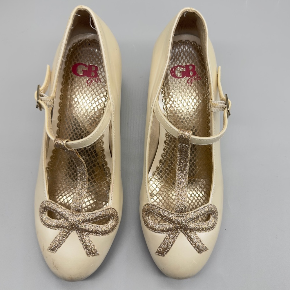 GB Girls Cream Mary Jane Heels Glitter Bow Dress Shoes Size 2M